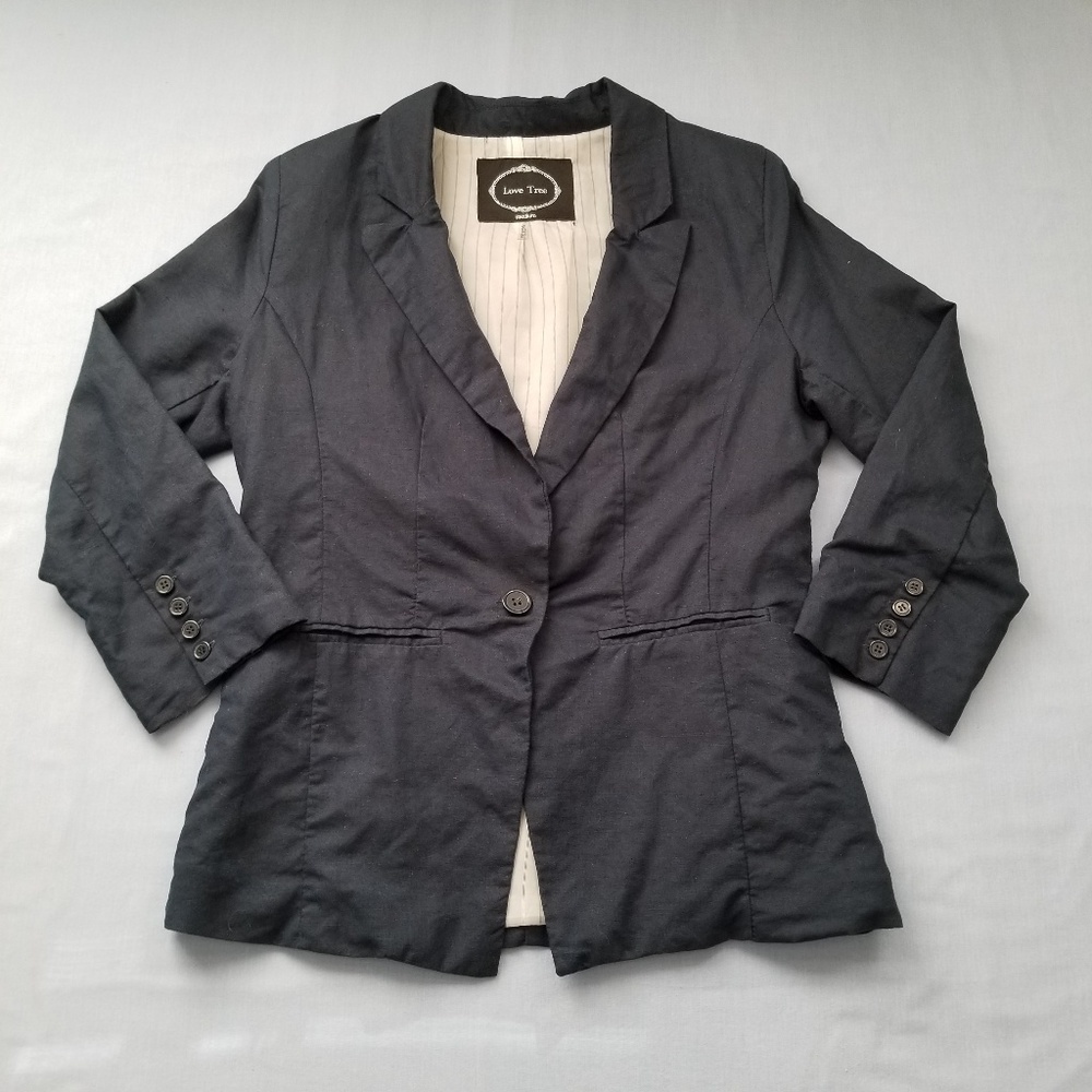 Love Tree Navy Linen Blazer 3/4 sleeve